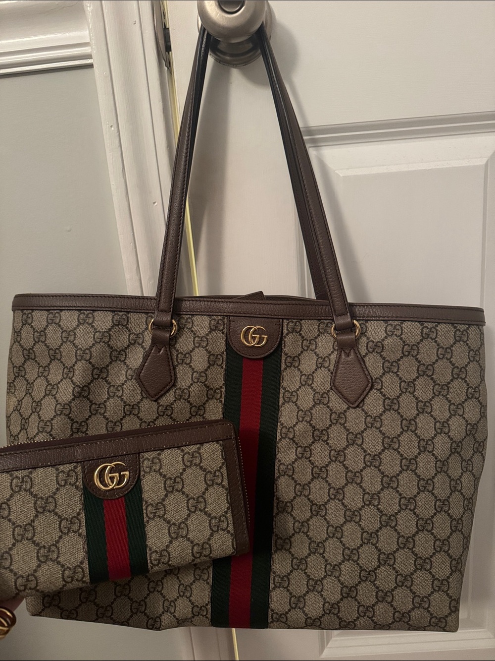 Gucci Brown & Beige GG Supreme Tote with Green-Red Web Stripe with wallet